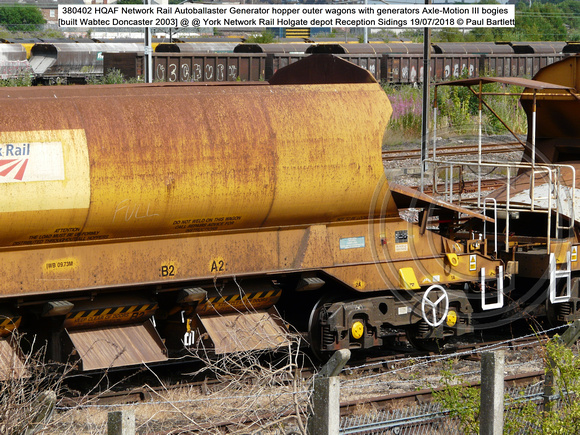 380402 HQAF Network Rail Autoballaster Generator hopper outer wagons with generators  [built Wabtec Doncaster 2003] @ @ York NR Holgate Reception Sidings 2018-07-19 © Paul Bartlett [4w]