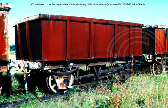903 steel open on ex BR single bolster frame with Dowty buffers internal use @ Stanton BSC 86-09-20 © Paul Bartlett w