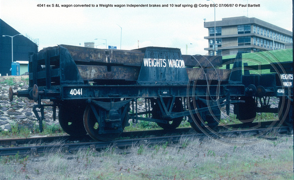 4041 ex S &L wagon converted to a Weights wagon Independent brakes and 10 leaf spring @ Corby BSC 87-06-07 © Paul Bartlett w
