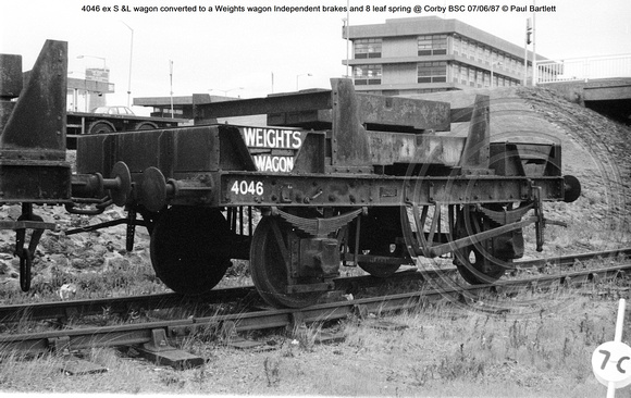 4046 ex S &L wagon converted to a Weights wagon Independent brakes and 8 leaf spring @ Corby BSC 87-06-07 © Paul Bartlett [1w]