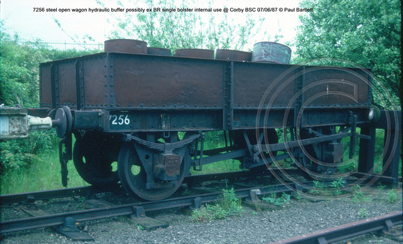 7256 steel open wagon hydraulic buffer possibly ex BR single bolster internal use @ Corby BSC 87-06-07 © Paul Bartlett w