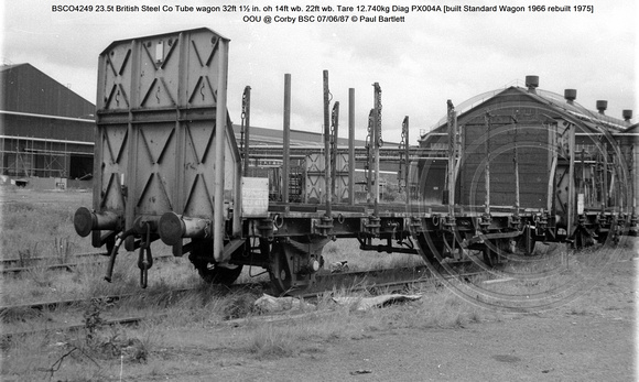 BSCO4249 23.5t British Steel Co Tube wagon Tare 12.740kg Diag PX004A [built Standard Wagon 1966 rebuilt 1975] OOU @ Corby BSC 87-06-07 © Paul Bartlett [01w]