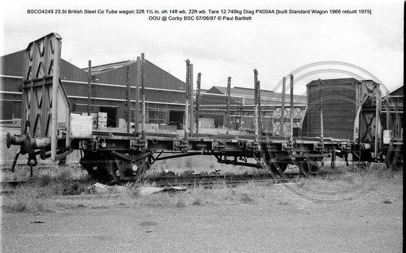 BSCO4249 23.5t British Steel Co Tube wagon Tare 12.740kg Diag PX004A [built Standard Wagon 1966 rebuilt 1975] OOU @ Corby BSC 87-06-07 © Paul Bartlett [02w]