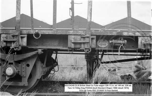BSCO4249 23.5t British Steel Co Tube wagon Tare 12.740kg Diag PX004A [built Standard Wagon 1966 rebuilt 1975] OOU @ Corby BSC 87-06-07 © Paul Bartlett [05w]