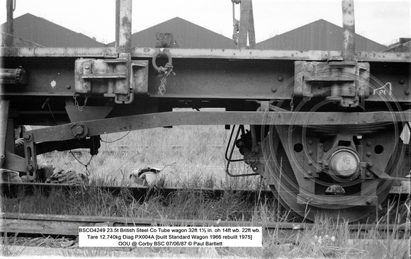 BSCO4249 23.5t British Steel Co Tube wagon Tare 12.740kg Diag PX004A [built Standard Wagon 1966 rebuilt 1975] OOU @ Corby BSC 87-06-07 © Paul Bartlett [07w]