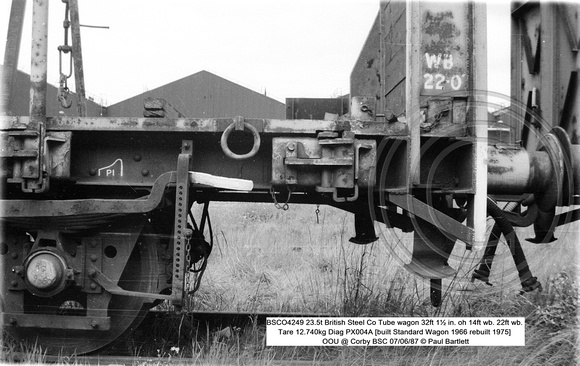 BSCO4249 23.5t British Steel Co Tube wagon Tare 12.740kg Diag PX004A [built Standard Wagon 1966 rebuilt 1975] OOU @ Corby BSC 87-06-07 © Paul Bartlett [08w]