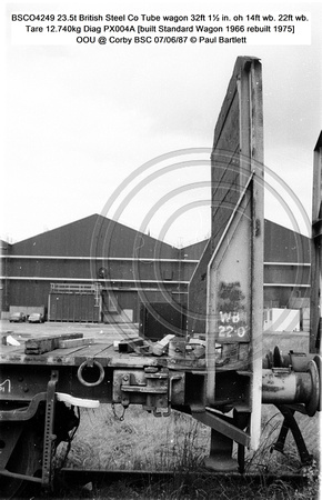BSCO4249 23.5t British Steel Co Tube wagon Tare 12.740kg Diag PX004A [built Standard Wagon 1966 rebuilt 1975] OOU @ Corby BSC 87-06-07 © Paul Bartlett [09w]