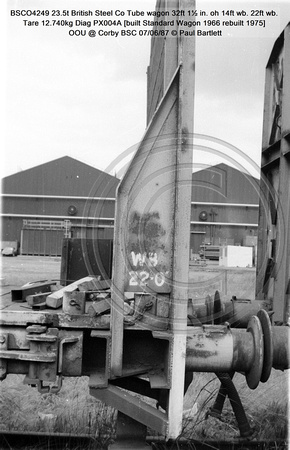 BSCO4249 23.5t British Steel Co Tube wagon Tare 12.740kg Diag PX004A [built Standard Wagon 1966 rebuilt 1975] OOU @ Corby BSC 87-06-07 © Paul Bartlett [10w]