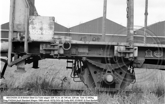 BSCO4255 23.5t BSC Tube wagon Tare 12.560kg Diag PX004A [built Standard Wagon 1966 rebuilt 1975] OOU @ Corby BSC 87-06-07 © Paul Bartlett [1w]