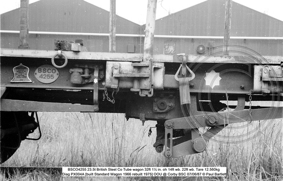 BSCO4255 23.5t BSC Tube wagon Tare 12.560kg Diag PX004A [built Standard Wagon 1966 rebuilt 1975] OOU @ Corby BSC 87-06-07 © Paul Bartlett [2w]