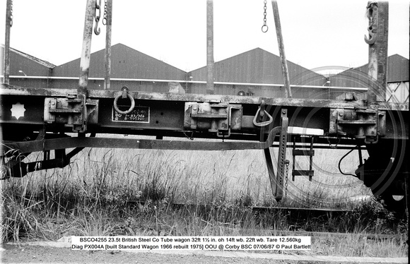 BSCO4255 23.5t BSC Tube wagon Tare 12.560kg Diag PX004A [built Standard Wagon 1966 rebuilt 1975] OOU @ Corby BSC 87-06-07 © Paul Bartlett [3w]