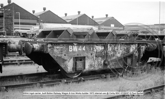 BW44 Ingot carrier, built Bolton Railway Wagon & Iron Works builder 1972 internal use @ Corby BSC 87-06-07 © Paul Bartlett w