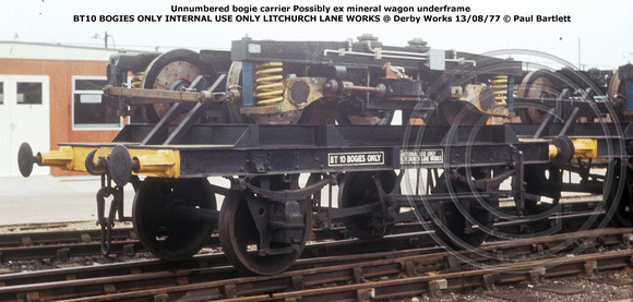 Unnumbered bogie carrier BT10 @ Derby Works 77-08-13 © Paul Bartlett W