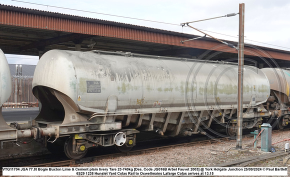 VTG11704 JGA 77.8t Bogie Buxton Lime & Cement plain livery Tare 23-740kg [Des. Code JG016B Arbel Fauvet 2003] @ York Holgate Junction 2024-09-25 © Paul Bartlett [2w]