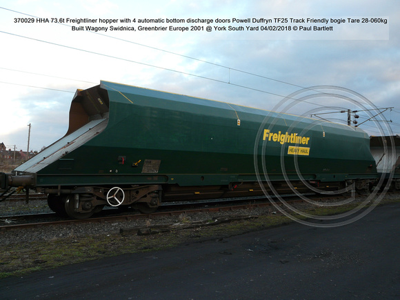 370029 HHA 73.6t Freightliner hopper TF25 bogie Tare 28-060kg Built Wagony Swidnica, Greenbrier 2001 @ York South Yard 2018-02-04 © Paul Bartlett [2w]