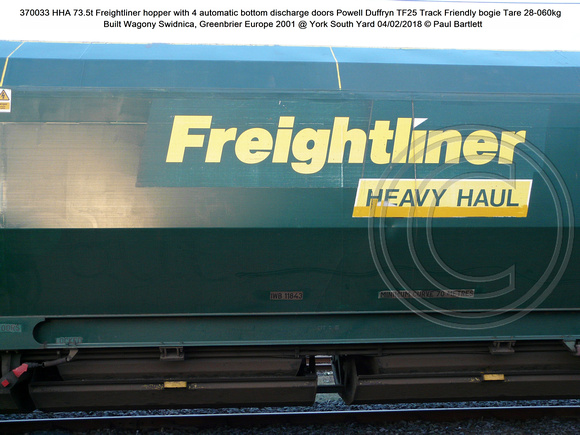 370033 HHA 73.5t Freightliner hopper TF25 bogie Tare 28-060kg Built Wagony Swidnica, Greenbrier 2001 @ York South Yard 2018-02-04 © Paul Bartlett [04w]