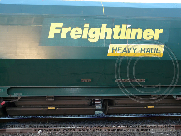 370033 HHA 73.5t Freightliner hopper TF25 bogie Tare 28-060kg Built Wagony Swidnica, Greenbrier 2001 @ York South Yard 2018-02-04 © Paul Bartlett [05w]