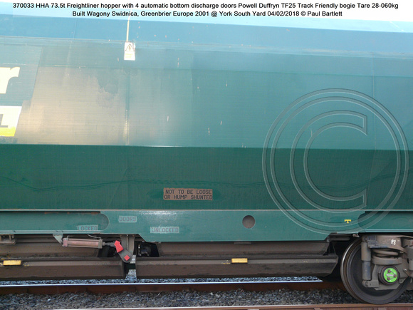 370033 HHA 73.5t Freightliner hopper TF25 bogie Tare 28-060kg Built Wagony Swidnica, Greenbrier 2001 @ York South Yard 2018-02-04 © Paul Bartlett [06w]