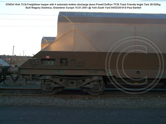 370034 HHA 73.5t Freightliner hopper TF25 bogie Tare 28-020kg Built Wagony Swidnica, Greenbrier 15.01.2001 @ York South Yard 2018-02-04 © Paul Bartlett [2w]