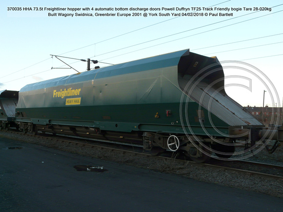 370035 HHA 73.5t Freightliner hopper TF25 bogie Tare 28-020kg Built Wagony Swidnica, Greenbrier 2001 @ York South Yard 2018-02-04 © Paul Bartlett [3w]