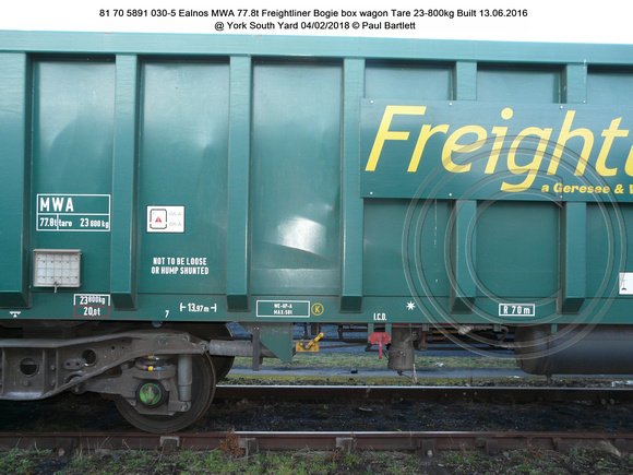 81 70 5891 030-5 Ealnos MWA 77.8t Freightliner Bogie box wagon Tare 23-800kg Built 13.06.2016 @ York South Yard 2018-02-04 © Paul Bartlett [05w]