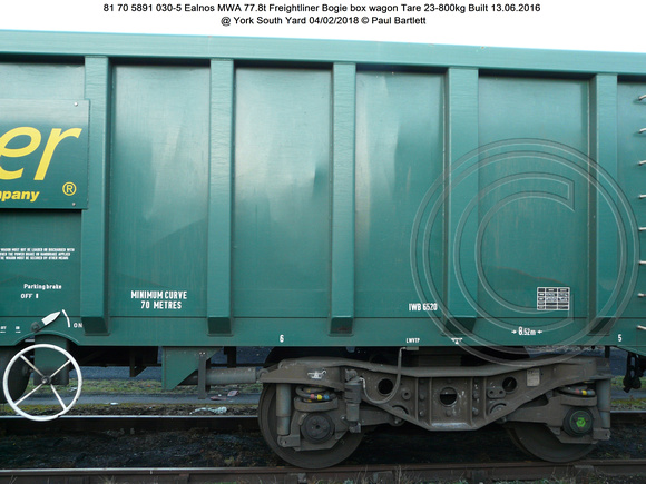 81 70 5891 030-5 Ealnos MWA 77.8t Freightliner Bogie box wagon Tare 23-800kg Built 13.06.2016 @ York South Yard 2018-02-04 © Paul Bartlett [09w]