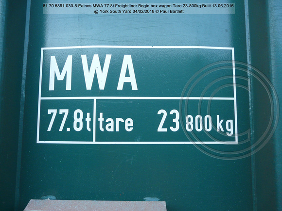 81 70 5891 030-5 Ealnos MWA 77.8t Freightliner Bogie box wagon Tare 23-800kg Built 13.06.2016 @ York South Yard 2018-02-04 © Paul Bartlett [12w]