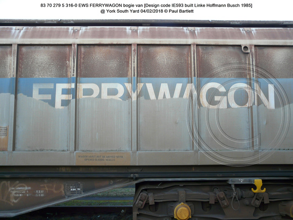83 70 279 5 316-0 EWS FERRYWAGON bogie van [Design code IE593 built Linke Hoffmann Busch 1985] @ York South Yard 2018-02-04 © Paul Bartlett [10w]