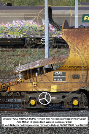 380625 HQAE Network Rail Autoballaster hopper inner wagon Axle-Motion III bogies [built Wabtec Doncaster 2003] @ York Network Rail Holgate depot Reception Sidings 2018-10-02 © Paul Bartlett [2w]
