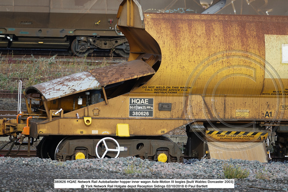 380626 HQAE Network Rail Autoballaster hopper inner wagon Axle-Motion III bogies [built Wabtec Doncaster 2003] @ York Network Rail Holgate depot Reception Sidings 2018-10-02 © Paul Bartlett [2w]