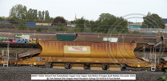 380627 HQAE Network Rail Autoballaster hopper inner wagon Axle-Motion III bogies [built Wabtec Doncaster 2003] @ York Network Rail Holgate depot Reception Sidings 2018-10-02 © Paul Bartlett [1w]
