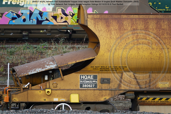 380627 HQAE Network Rail Autoballaster hopper inner wagon Axle-Motion III bogies [built Wabtec Doncaster 2003] @ York Network Rail Holgate depot Reception Sidings 2018-10-02 © Paul Bartlett [2w]