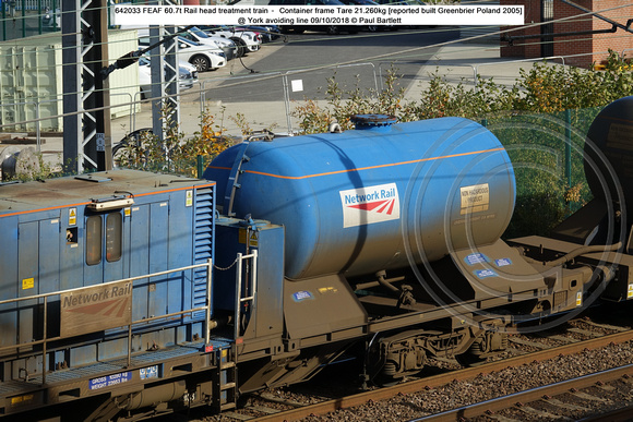 642033 FEAF 60.7t Rail head treatment train – Container frame Tare 21.260kg [reported built Greenbrier Poland 2005] @ York avoiding line 2018-10-09 © Paul Bartlett [2w]