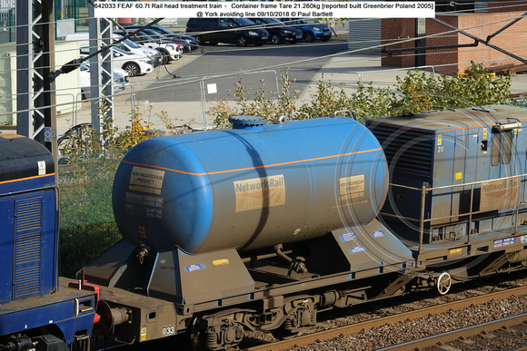 642033 FEAF 60.7t Rail head treatment train – Container frame Tare 21.260kg [reported built Greenbrier Poland 2005] @ York avoiding line 2018-10-09 © Paul Bartlett [1w]