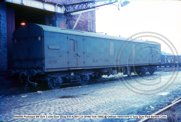 W86500 Prototype BR GUV 2 side Door [Diag 810 NJ501 Lot 30188 York 1956] @ Oldham 70-03-19 © Tony Dyer Paul Bartlett Colln.  [2w]