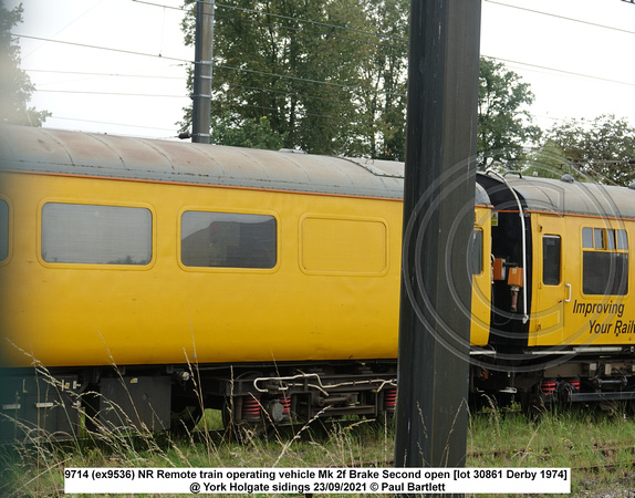 9714 (ex9536) NR Remote train operating vehicle Mk 2f Brake Second open [lot 30861 Derby 1974] @ York Holgate sidings 2021-09-23 © Paul Bartlett [05w]
