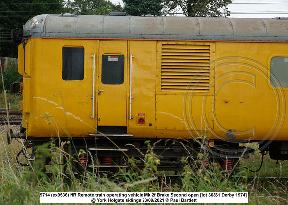 9714 (ex9536) NR Remote train operating vehicle Mk 2f Brake Second open [lot 30861 Derby 1974] @ York Holgate sidings 2021-09-23 © Paul Bartlett [02w]