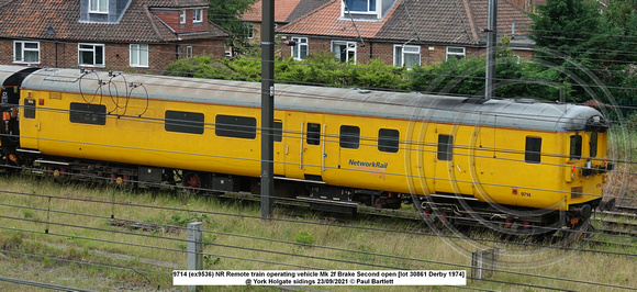 9714 (ex9536) NR Remote train operating vehicle Mk 2f Brake Second open [lot 30861 Derby 1974] @ York Holgate sidings 2021-09-23 © Paul Bartlett [10w]