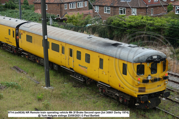 9714 (ex9536) NR Remote train operating vehicle Mk 2f Brake Second open [lot 30861 Derby 1974] @ York Holgate sidings 2021-09-23 © Paul Bartlett [09w]