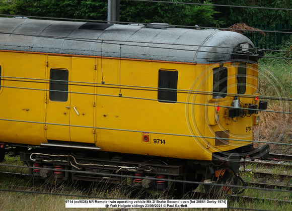 9714 (ex9536) NR Remote train operating vehicle Mk 2f Brake Second open [lot 30861 Derby 1974] @ York Holgate sidings 2021-09-23 © Paul Bartlett [11w]