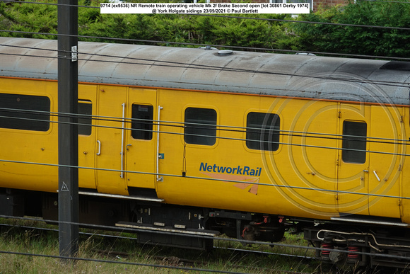 9714 (ex9536) NR Remote train operating vehicle Mk 2f Brake Second open [lot 30861 Derby 1974] @ York Holgate sidings 2021-09-23 © Paul Bartlett [12w]