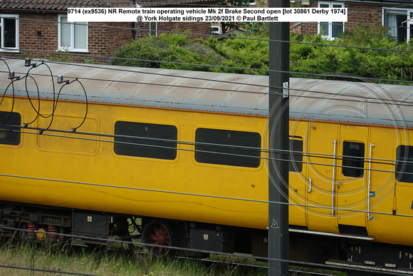 9714 (ex9536) NR Remote train operating vehicle Mk 2f Brake Second open [lot 30861 Derby 1974] @ York Holgate sidings 2021-09-23 © Paul Bartlett [13w]