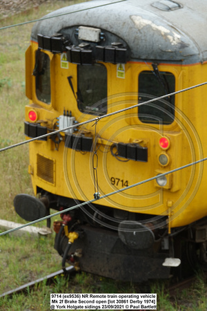 9714 (ex9536) NR Remote train operating vehicle Mk 2f Brake Second open [lot 30861 Derby 1974] @ York Holgate sidings 2021-09-23 © Paul Bartlett [15w]