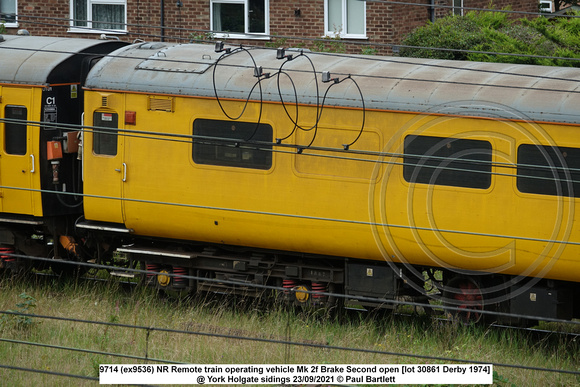 9714 (ex9536) NR Remote train operating vehicle Mk 2f Brake Second open [lot 30861 Derby 1974] @ York Holgate sidings 2021-09-23 © Paul Bartlett [14w]