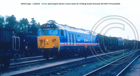 50043 Eagle (exD443) Co Co  [built English Electric Vulcan works 04.10.68] @ Exeter Riverside 87-10-29 © Paul Bartlett [2w]