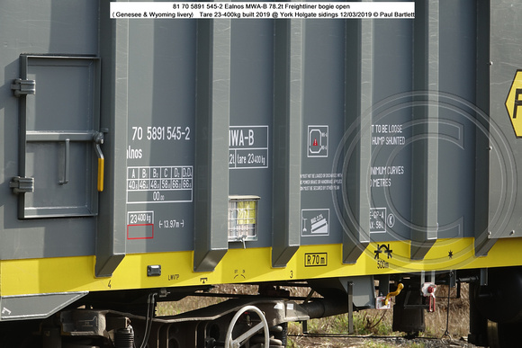 81 70 5891 545-2 Ealnos MWA-B 78.2t Freightliner bogie open (Genesee & Wyoming livery) Tare 23-400kg built 2019 @ York Holgate sidings 2019-03-12 © Paul Bartlett [7w]