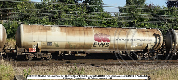 EWS870292 TEA 75.4t Petroleum Tank tare 26.200kg [Diag TE046A Greenbrier PL 2006] @ York Holgate Junction 2022-07-07 © Paul Bartlett w