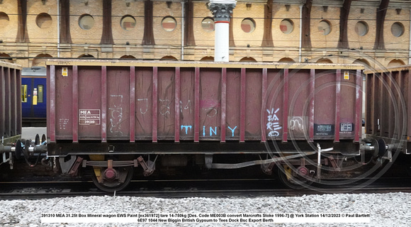 391310 MEA 31.25t Box Mineral wagon EWS Paint [ex361972] tare 14-750kg [Des. Code ME003B convert Marcrofts Stoke 1996-7] @ York Station 2023-12-14 © Paul Bartlett w
