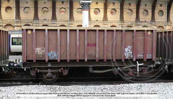 391319 MEA 31.25t Box Mineral wagon EWS Paint [ex361189] tare 14-750kg [Des. Code ME003B convert Marcrofts Stoke 1996-7] @ York Station 2023-12-14 © Paul Bartlett w