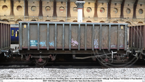 391202 MEA 31.5t Box Mineral wagon Mainline [ex 361263] tare 14-500kg [Des. Code ME003B convert RFS Doncaster 1996] @ York Station 2023-12-14 © Paul Bartlett